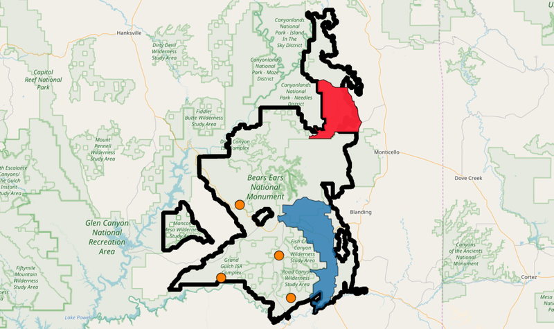 The original contours of Bears Ears National Monument and the two, much smaller portions that will be still remain protected in red and blue based on a map leaked last week. Orange dots are points of interest. Image: Backpacker